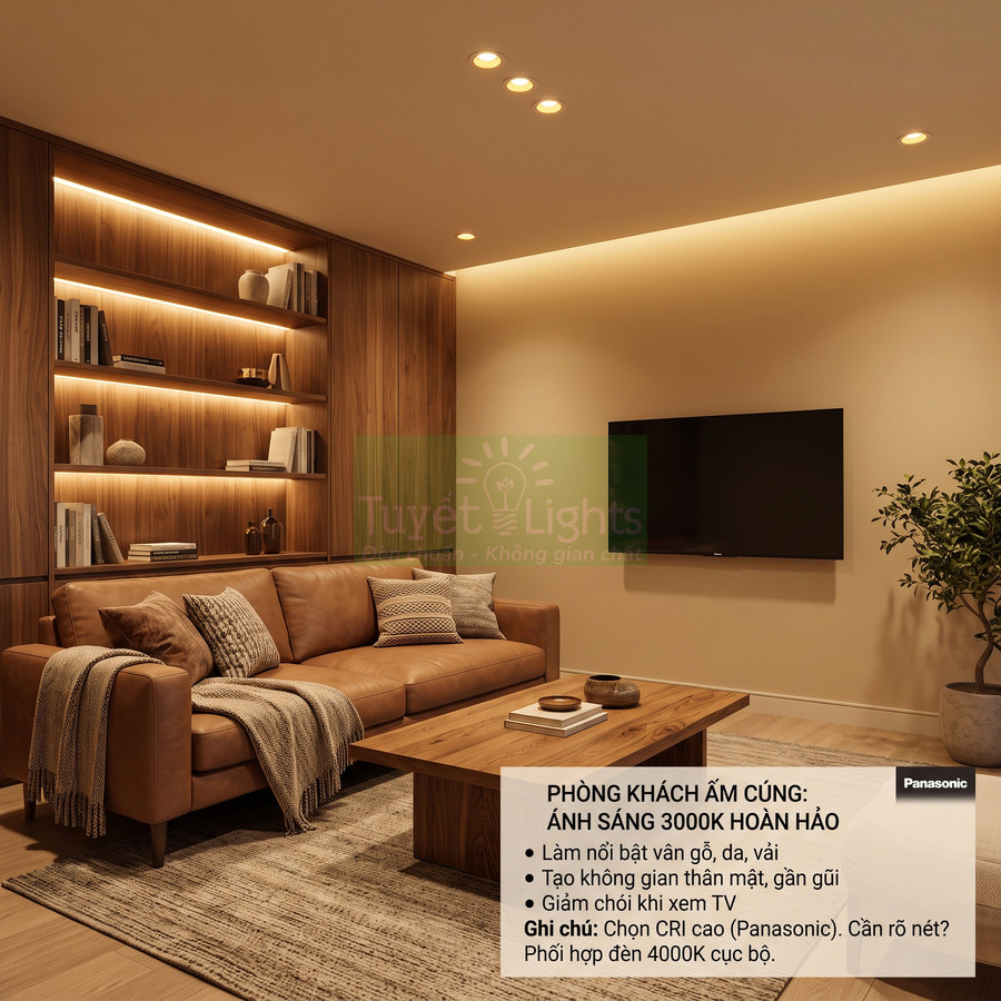 Phòng khách ấm cúng với đèn LED âm trần Panasonic ánh sáng vàng 3000K chiếu sáng sofa da và kệ gỗ