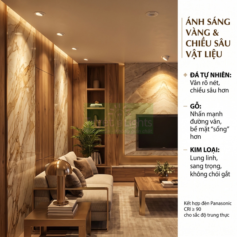 Phòng khách sang trọng dùng đèn âm trần Panasonic ánh sáng vàng làm nổi bật vân đá, gỗ và kim loại