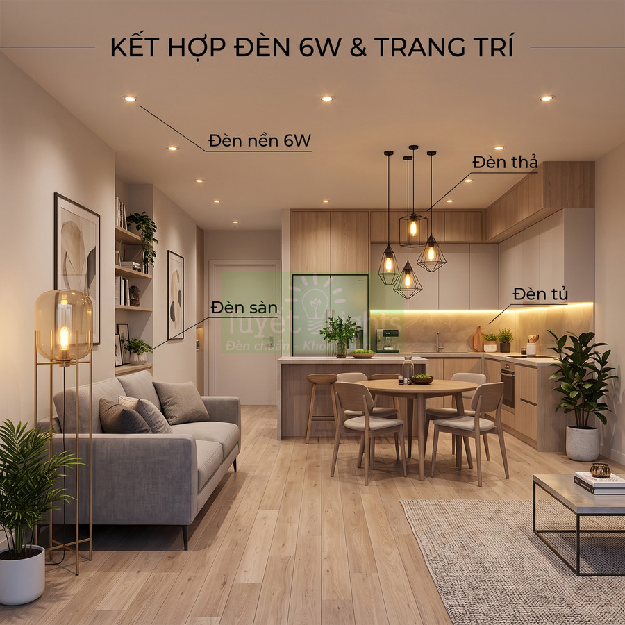 Phòng khách và bếp hiện đại sử dụng đèn LED 6W âm trần, đèn thả, đèn tủ và đèn sàn trang trí ấm áp