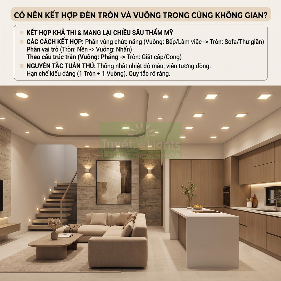 Phòng khách và bếp hiện đại sử dụng kết hợp đèn âm trần tròn và vuông thương hiệu Tuyết Lights