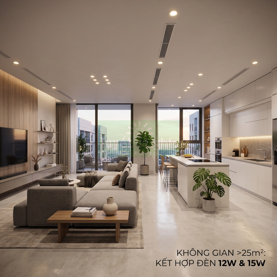 Phòng khách và bếp hiện đại dùng đèn âm trần 12W 15W chiếu sáng không gian rộng trên 25m2