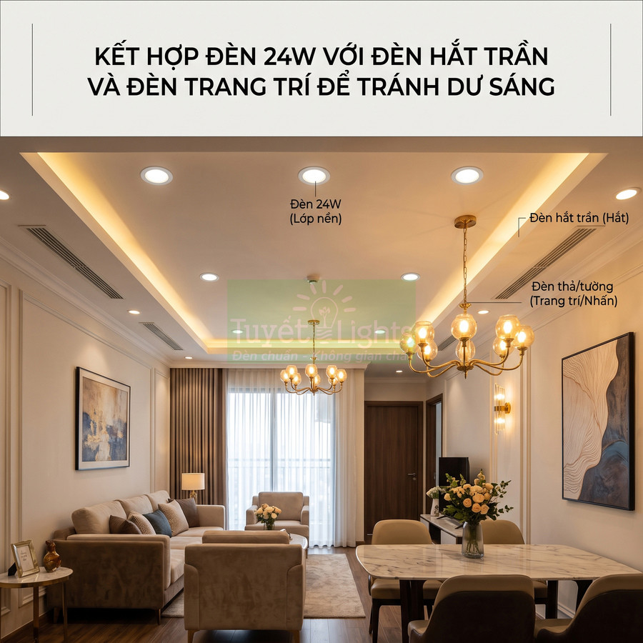 Phòng khách chung cư với hệ thống đèn LED 24W âm trần, đèn hắt trần và đèn chùm trang trí ánh sáng vàng ấm
