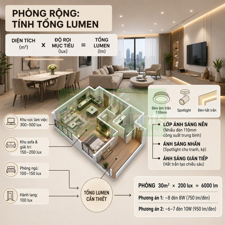 Minh họa cách tính tổng lumen và bố trí đèn âm trần, spotlight cho phòng khách căn hộ hiện đại