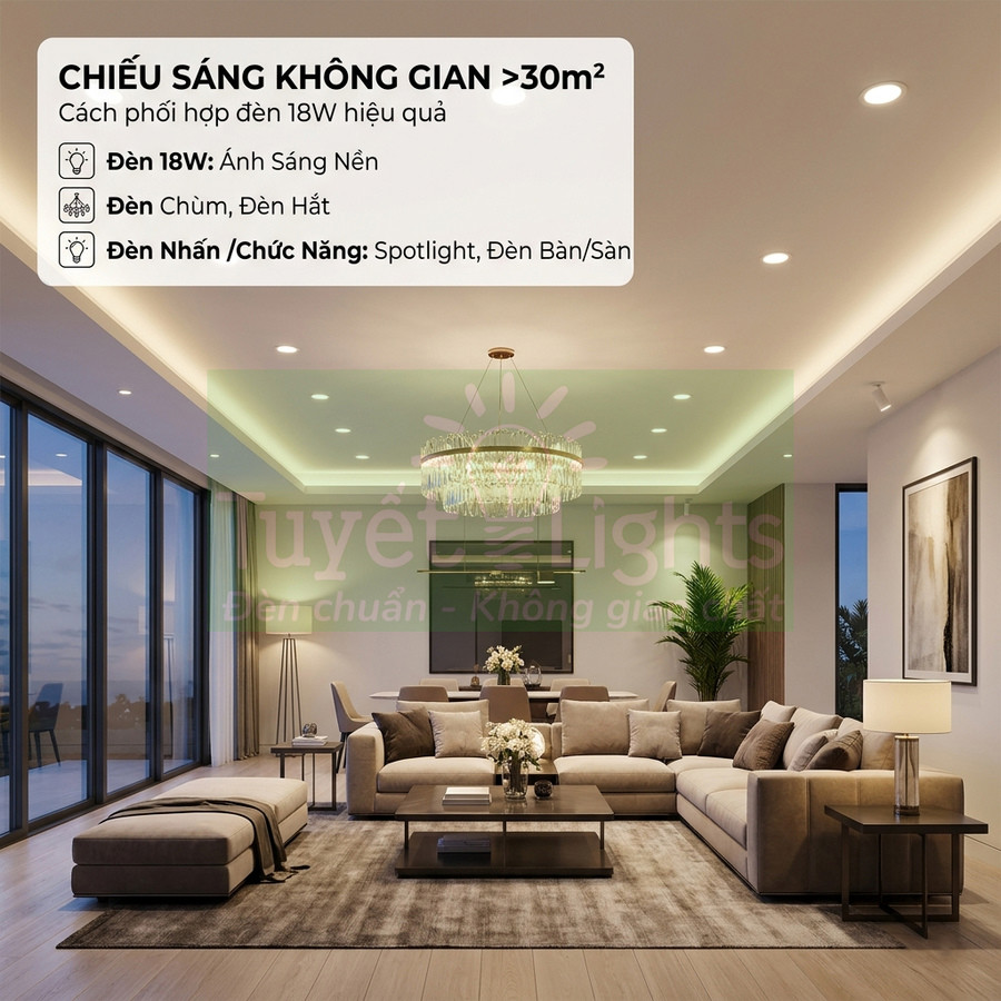 Phòng khách hiện đại rộng hơn 30m2 với bộ sofa lớn và hệ thống đèn trần 18W chiếu sáng không gian