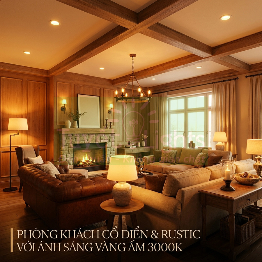 Phòng khách cổ điển rustic với đèn trần và đèn bàn ánh sáng vàng ấm 3000K