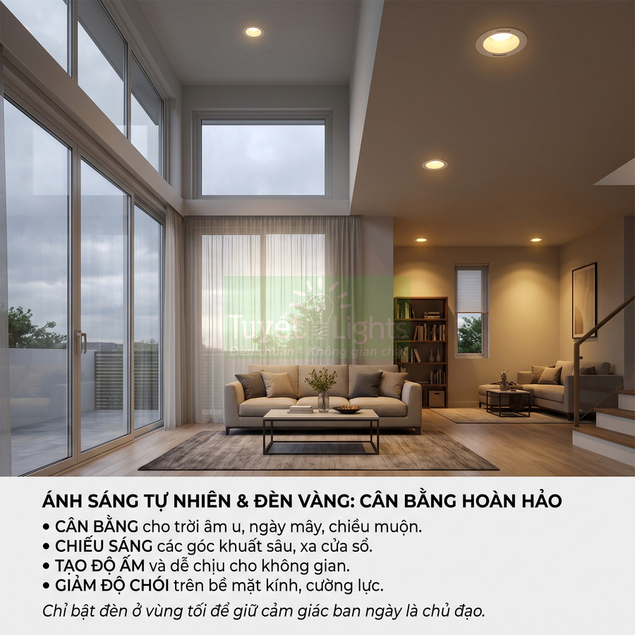 Phòng khách hiện đại với cửa kính lớn và hệ thống đèn âm trần ánh sáng vàng ấm áp