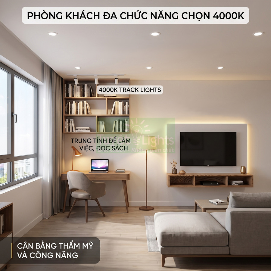 Phòng khách hiện đại với đèn downlight và đèn rọi ray 4000K chiếu sáng khu vực làm việc và kệ tivi