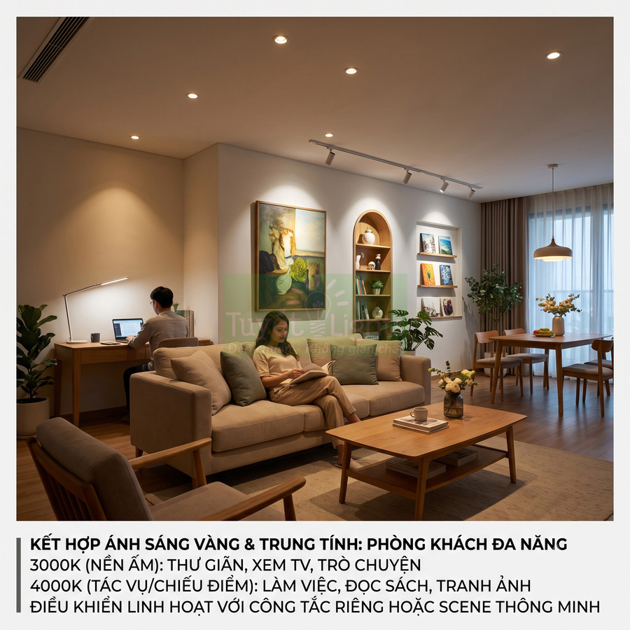 Đèn trần và đèn bàn ánh sáng vàng trung tính chiếu sáng phòng khách và bàn làm việc hiện đại