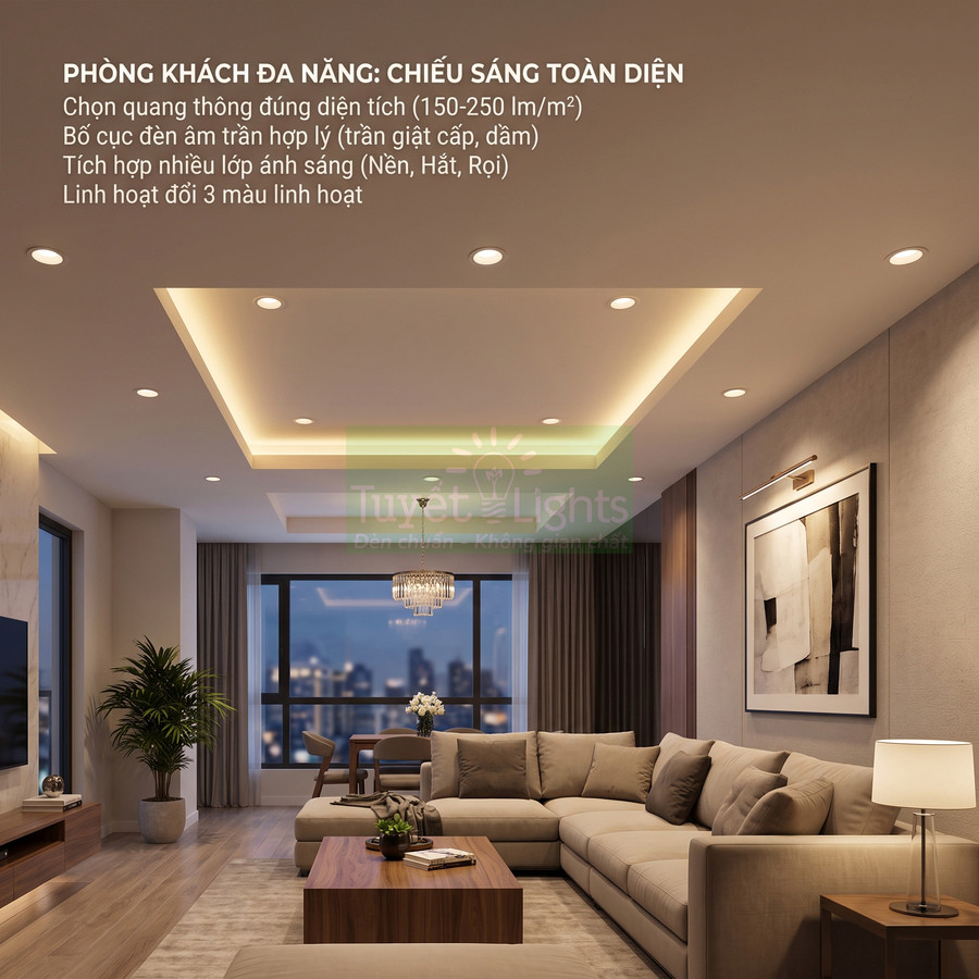 Phòng khách hiện đại sử dụng hệ thống đèn âm trần và đèn trang trí Tuyết Lights chiếu sáng toàn diện