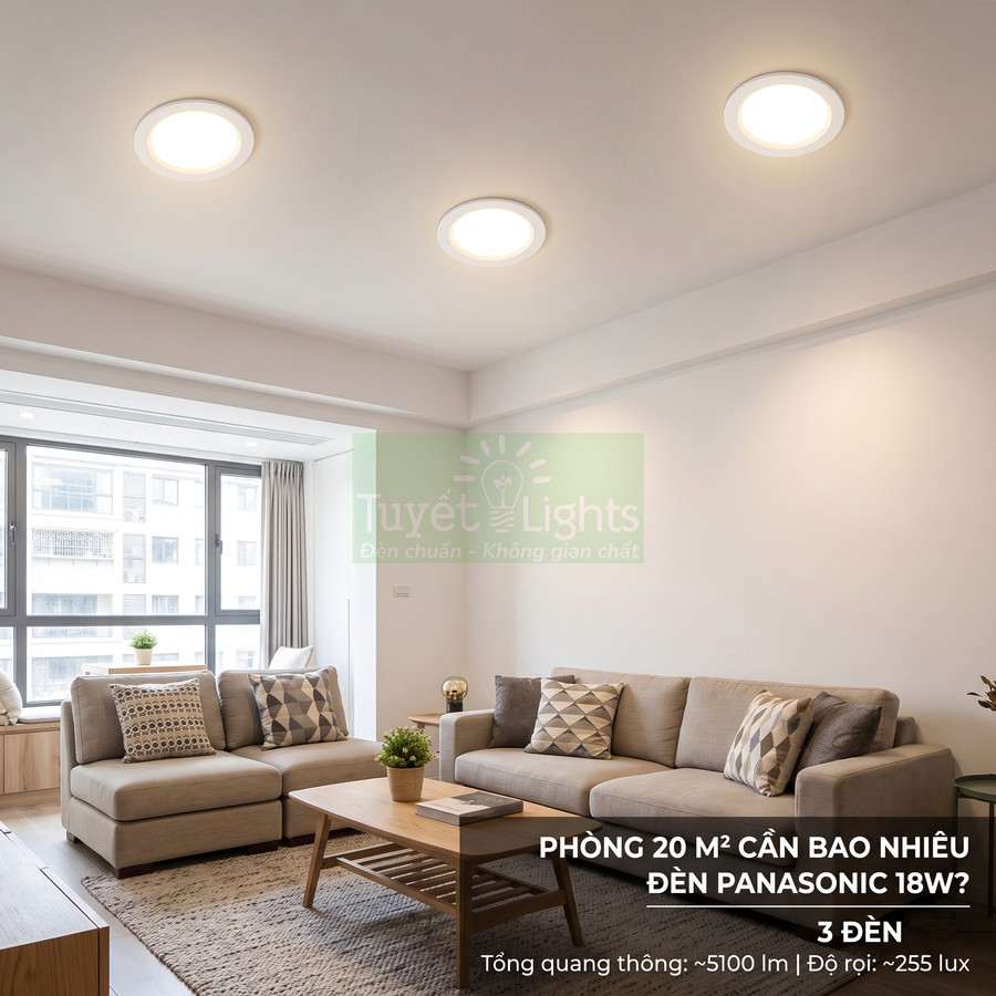 Phòng khách hiện đại sử dụng 3 đèn LED âm trần Panasonic 18W chiếu sáng trần nhà trắng
