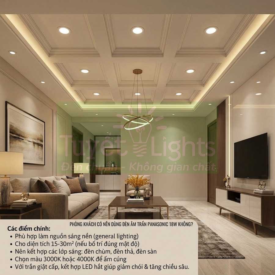 Phòng khách hiện đại sử dụng đèn âm trần Panasonic 18W chiếu sáng trần thạch cao sang trọng
