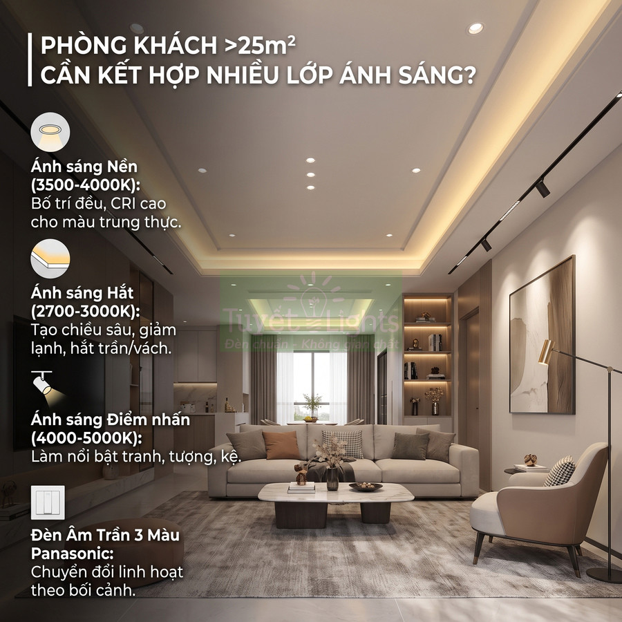 Phòng khách hiện đại trên 25m2 sử dụng đèn âm trần 3 màu Panasonic và nhiều lớp ánh sáng trang trí