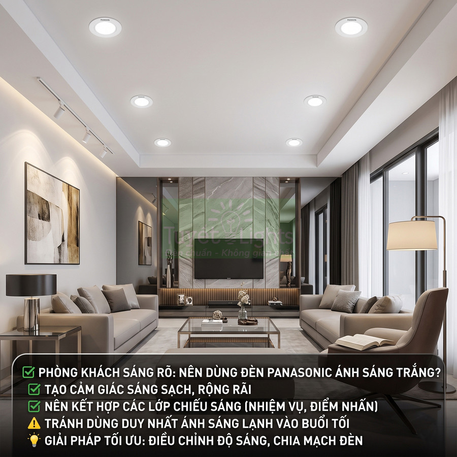 Phòng khách hiện đại sử dụng đèn âm trần Panasonic ánh sáng trắng kết hợp đèn đứng tạo không gian sáng rộng rãi