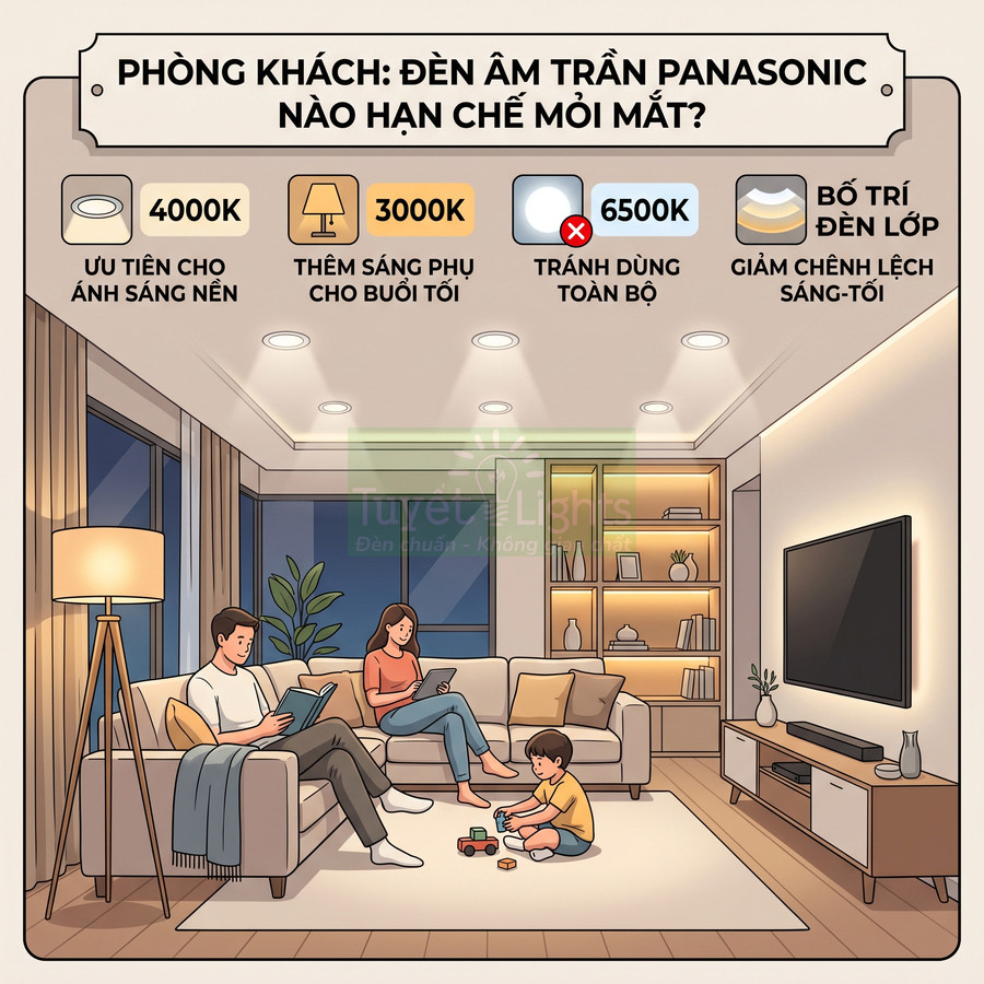 Phòng khách sử dụng đèn âm trần Panasonic ánh sáng 4000K và 3000K bố trí nhiều lớp giúp hạn chế mỏi mắt