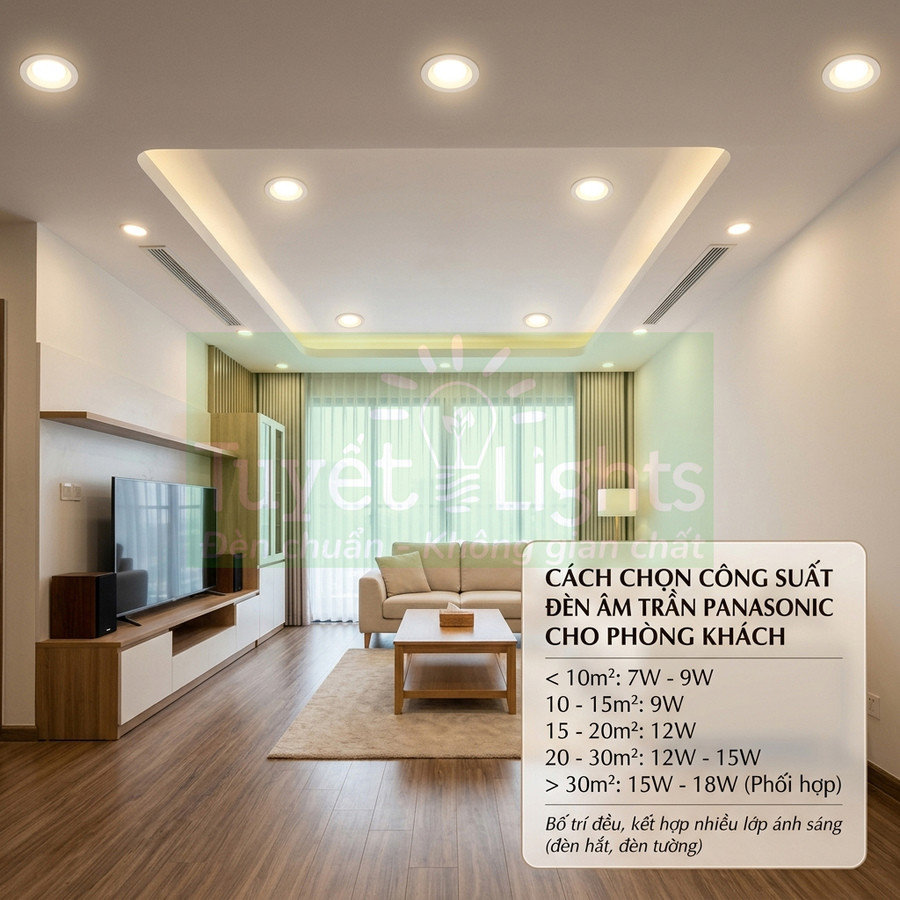 Đèn âm trần Panasonic chiếu sáng phòng khách hiện đại với trần thạch cao và nội thất gỗ sáng màu