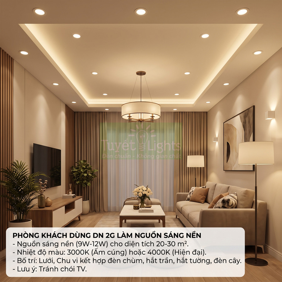 Phòng khách hiện đại dùng đèn âm trần DN 2G làm nguồn sáng nền, kết hợp đèn chùm và đèn cây Tuyết Lights