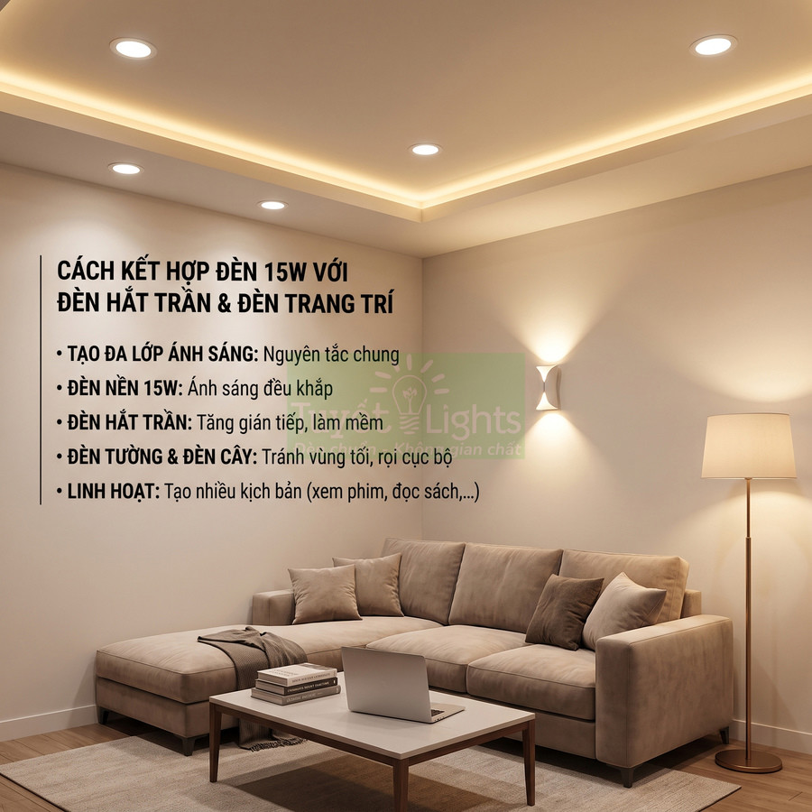 Phòng khách hiện đại với bộ sofa và hệ thống đèn LED âm trần, đèn hắt tường, đèn cây trang trí ánh sáng ấm