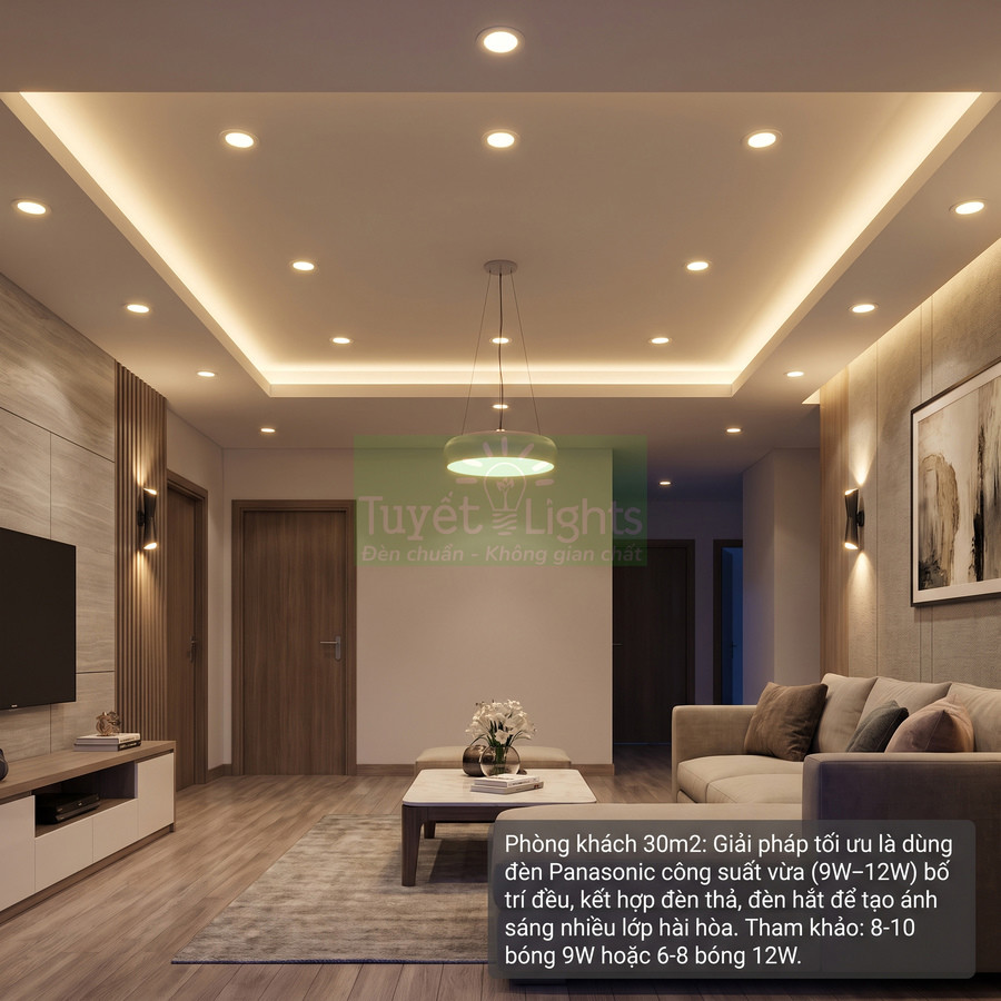 Phòng khách hiện đại sử dụng đèn LED âm trần Panasonic ánh sáng vàng bố trí đều trên trần thạch cao