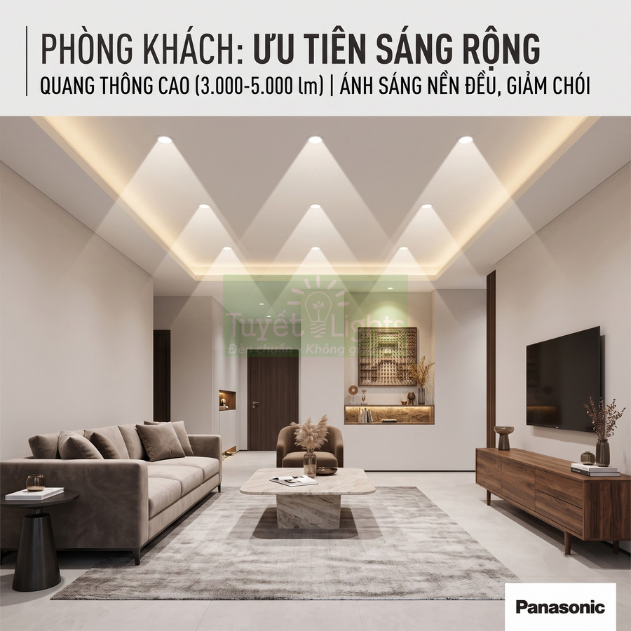 Phòng khách hiện đại dùng đèn âm trần Panasonic ánh sáng nền đều, quang thông cao, giảm chói