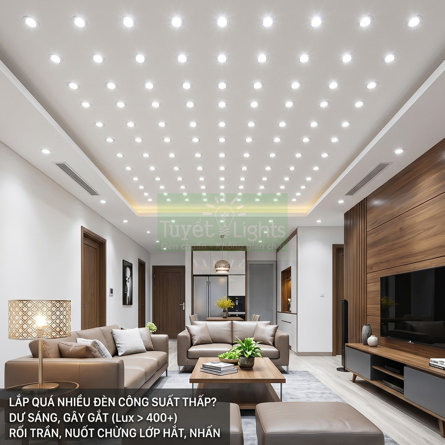 Phòng khách hiện đại lắp quá nhiều đèn led âm trần công suất thấp gây dư sáng chói mắt