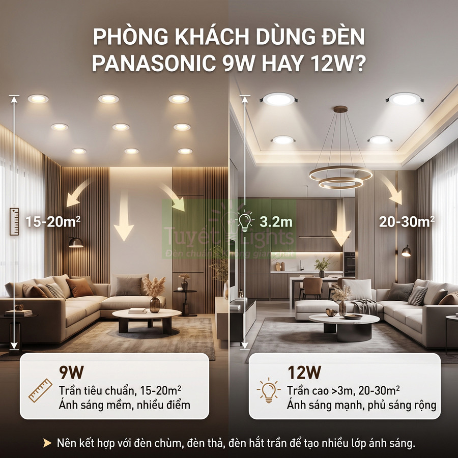 So sánh phòng khách dùng đèn âm trần Panasonic 9W và 12W cho trần thấp và trần cao