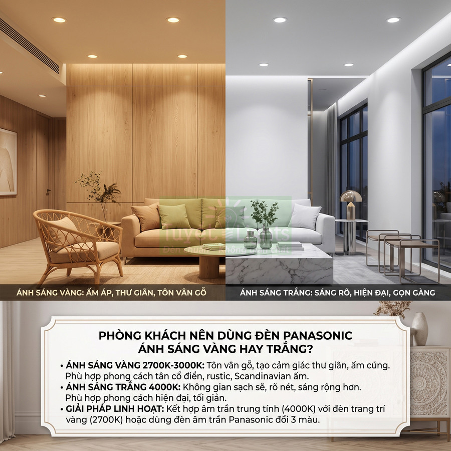 So sánh phòng khách dùng đèn trần Panasonic ánh sáng vàng ấm và ánh sáng trắng hiện đại