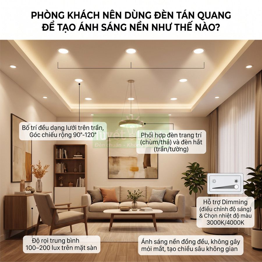 Phòng khách hiện đại sử dụng đèn tán quang âm trần và đèn trang trí tạo ánh sáng nền ấm áp