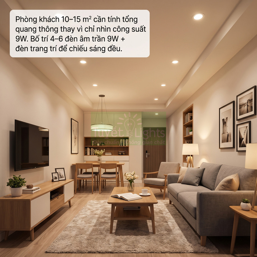Phòng khách hiện đại sử dụng nhiều đèn âm trần 9W và đèn trang trí cho ánh sáng vàng ấm đều khắp không gian