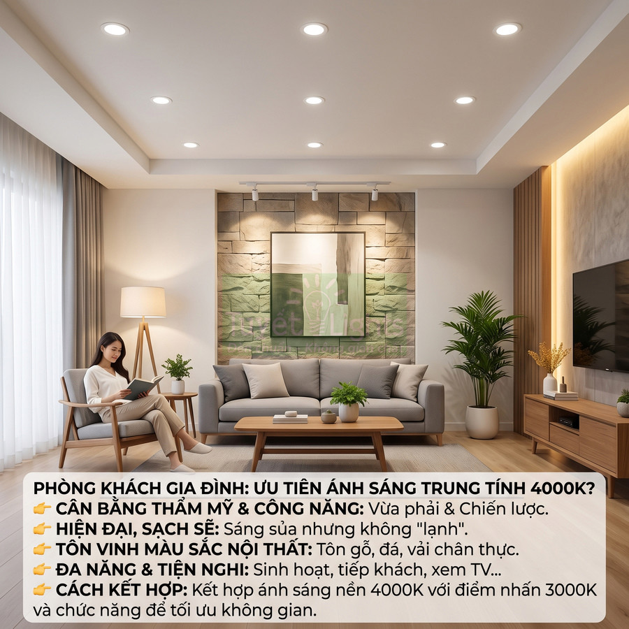Phòng khách hiện đại sử dụng đèn LED âm trần ánh sáng trung tính 4000K tạo không gian sáng và ấm cúng