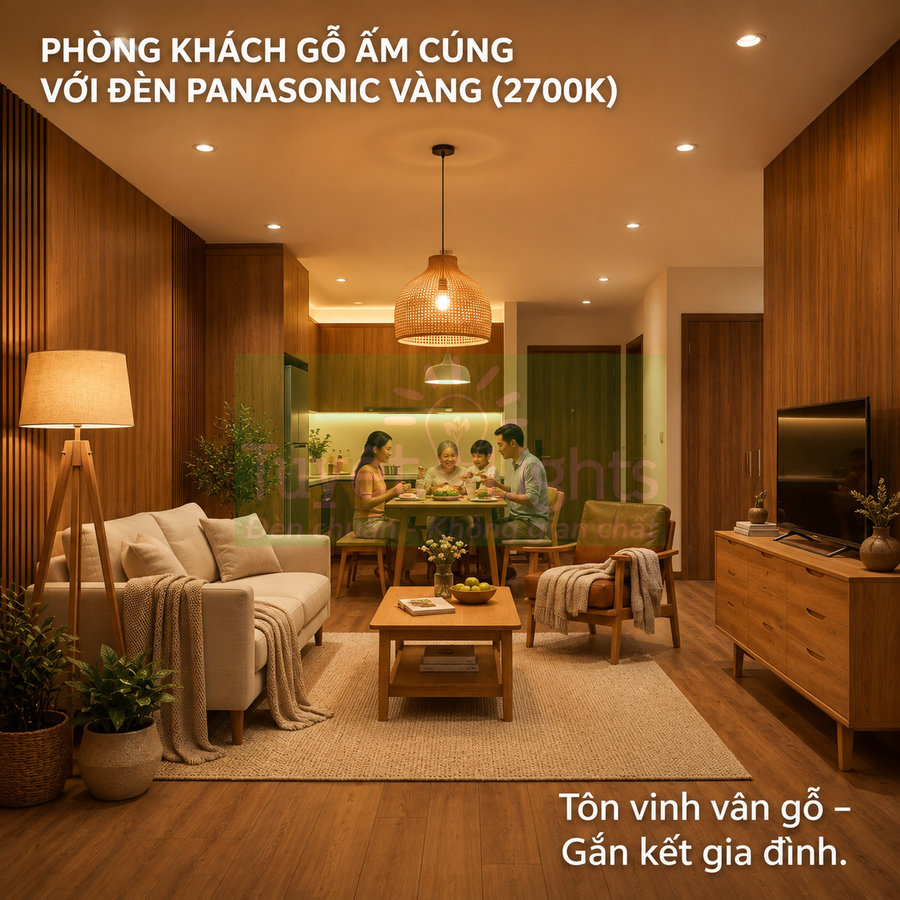 Phòng khách gỗ ấm cúng sử dụng đèn vàng Panasonic 2700K chiếu sáng bàn ăn gia đình
