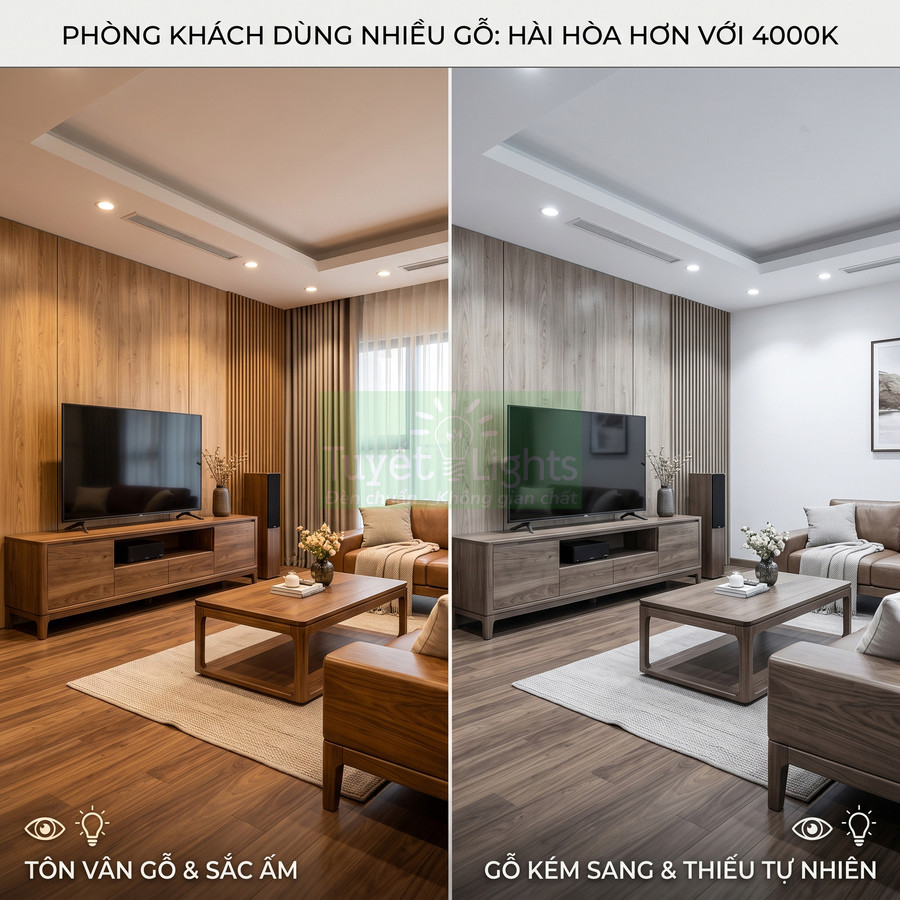 So sánh phòng khách gỗ dùng đèn LED 4000K và ánh sáng trắng, làm nổi bật vẻ ấm áp và sang trọng của nội thất gỗ