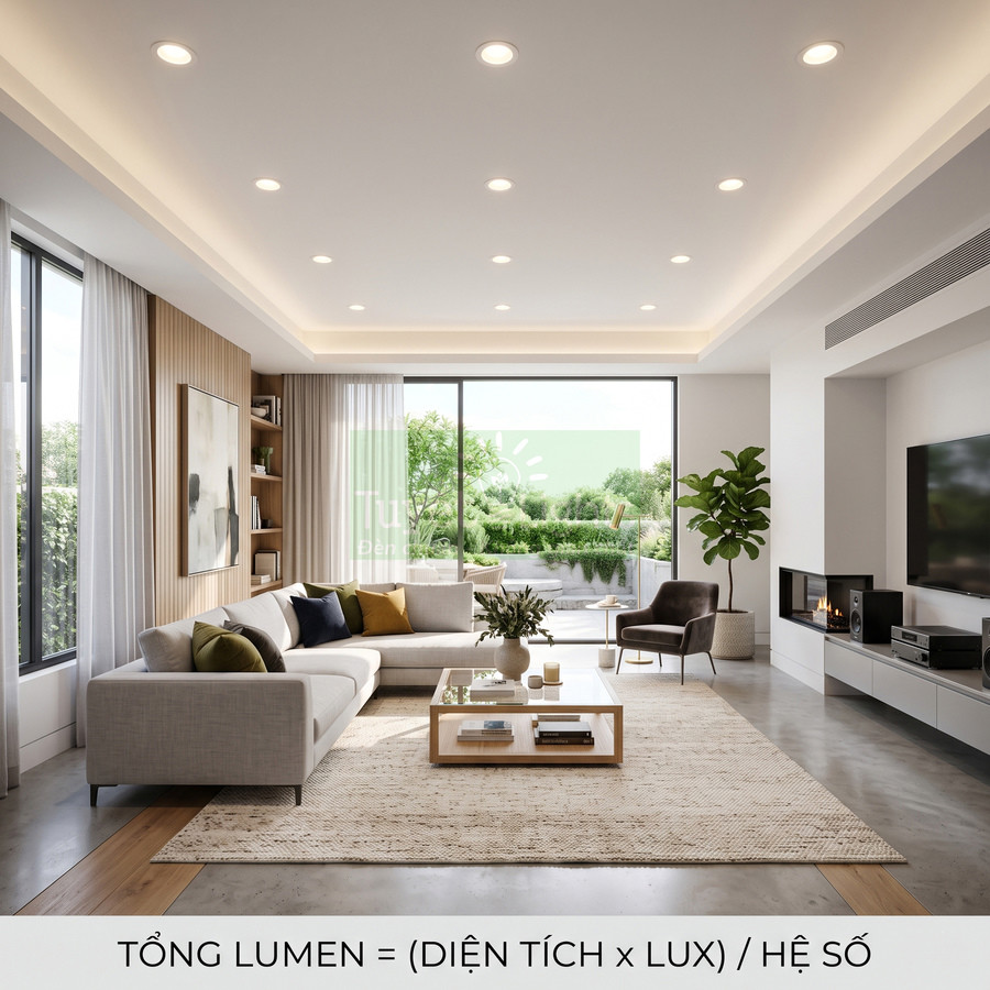 Phòng khách hiện đại sử dụng nhiều đèn led âm trần chiếu sáng trần nhà rộng rãi