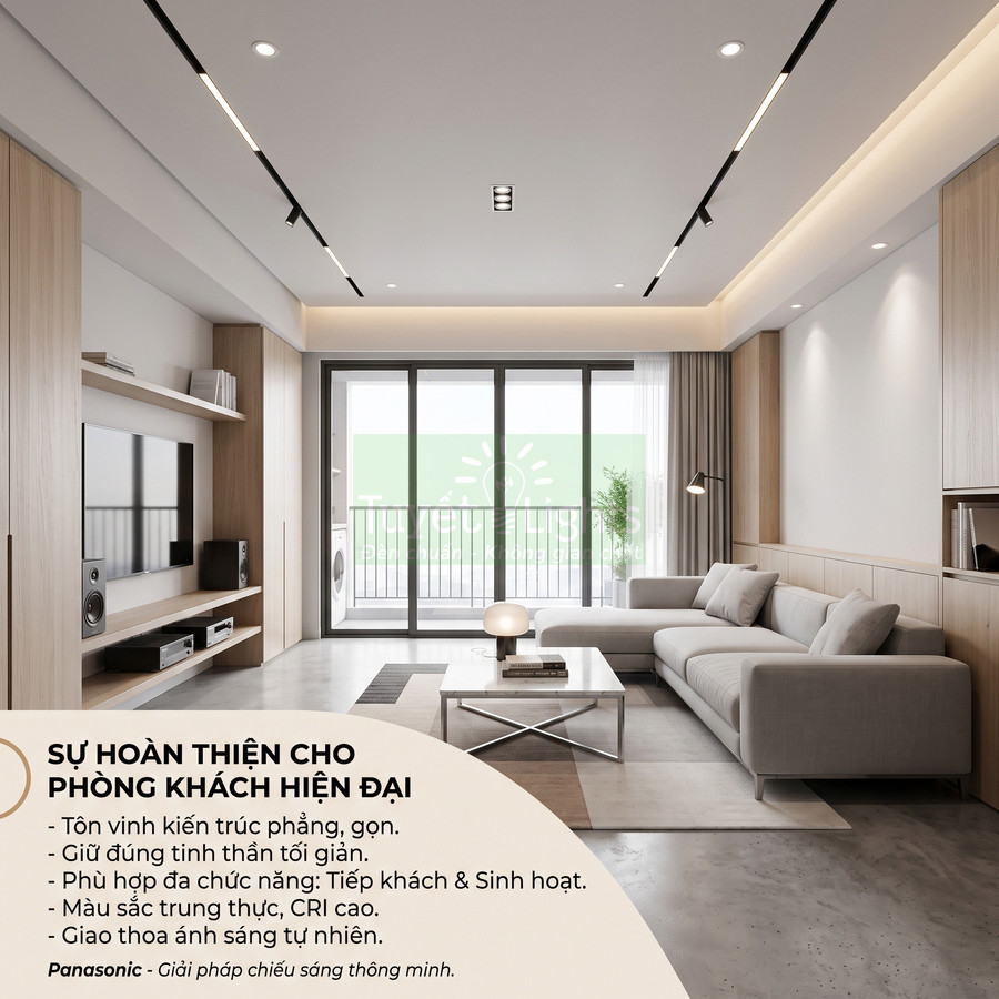 Đèn chiếu sáng Panasonic cho phòng khách hiện đại với trần phẳng, nội thất tối giản và ánh sáng tự nhiên