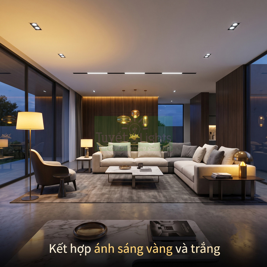Phòng khách hiện đại với bộ sofa lớn và hệ thống đèn trần kết hợp ánh sáng vàng và trắng