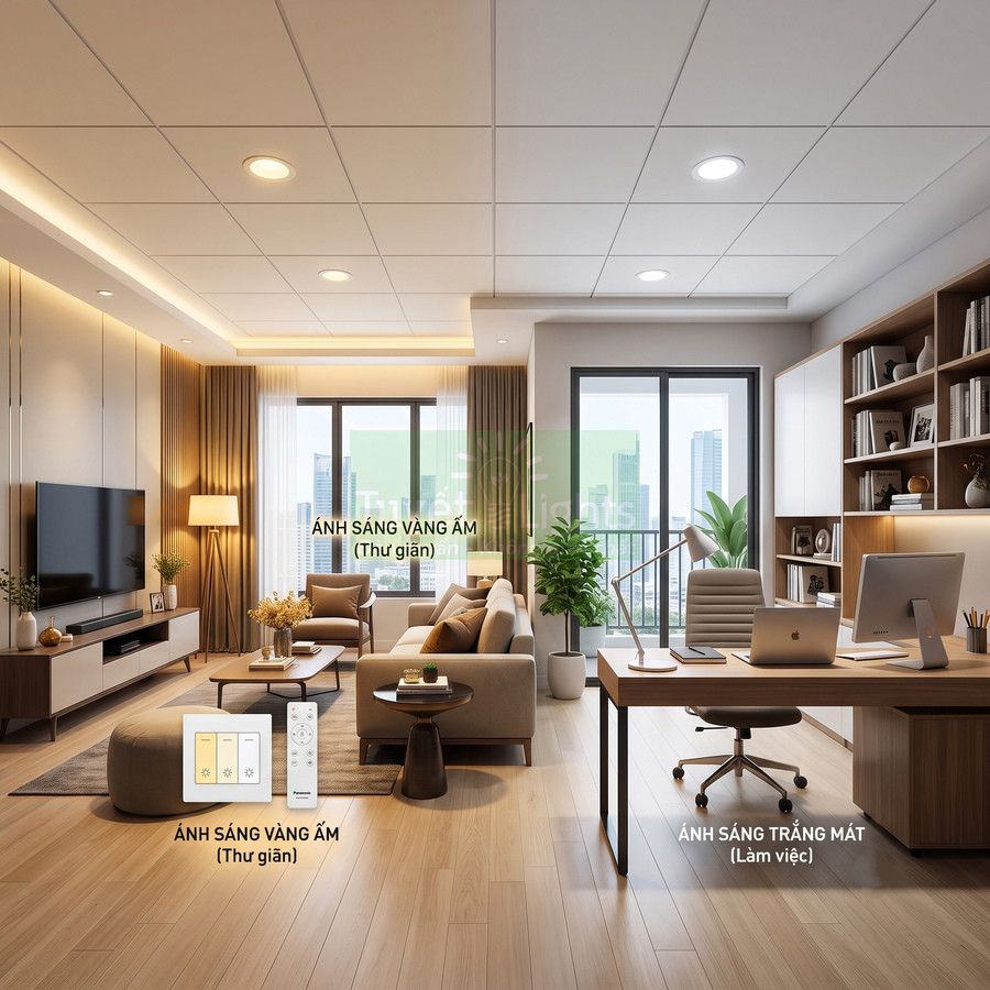 Đèn LED âm trần đổi màu ánh sáng vàng ấm và trắng mát cho phòng khách kết hợp góc làm việc hiện đại