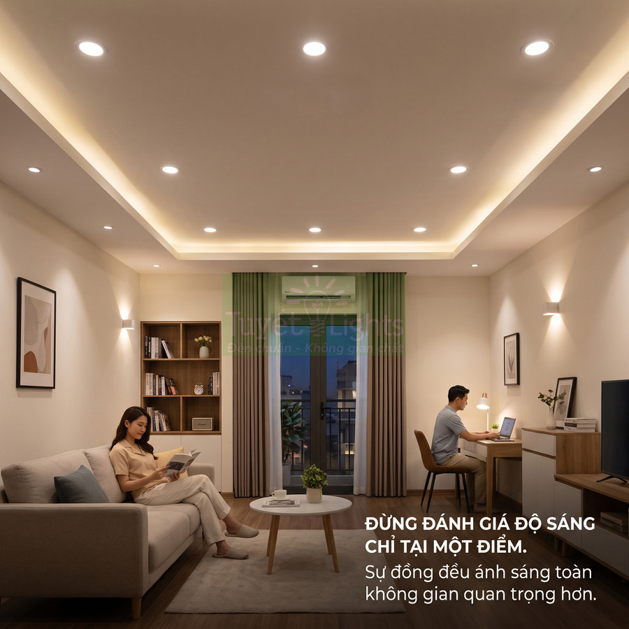 Phòng khách làm việc tại nhà sử dụng hệ thống đèn LED âm trần chiếu sáng đều, nội thất hiện đại ấm cúng