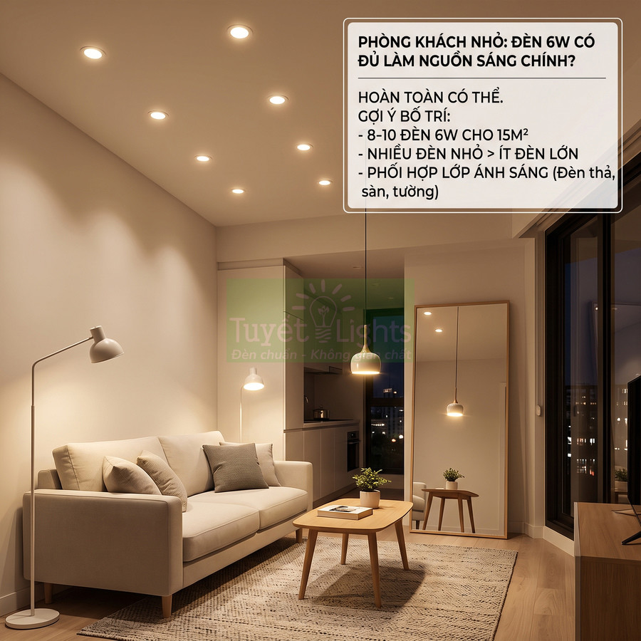 Phòng khách nhỏ dùng nhiều đèn LED âm trần 6W và đèn thả Tuyết Lights chiếu sáng ấm áp