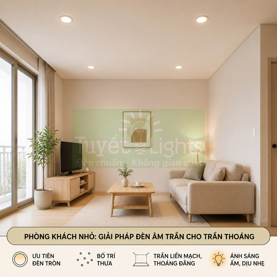 Phòng khách nhỏ sử dụng đèn âm trần Tuyết Lights ánh sáng vàng ấm, nội thất gỗ sáng và sofa be hiện đại