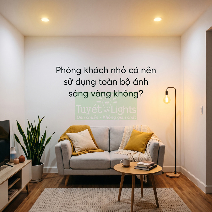 Đèn sàn Tuyết Lights ánh sáng vàng trang trí phòng khách nhỏ với sofa xám và bàn trà gỗ