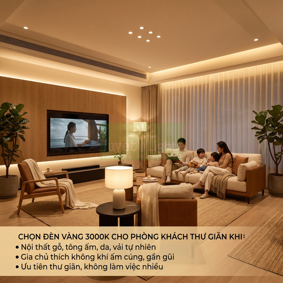 Đèn vàng 3000K chiếu sáng phòng khách nội thất gỗ ấm cúng, gia đình thư giãn trên sofa
