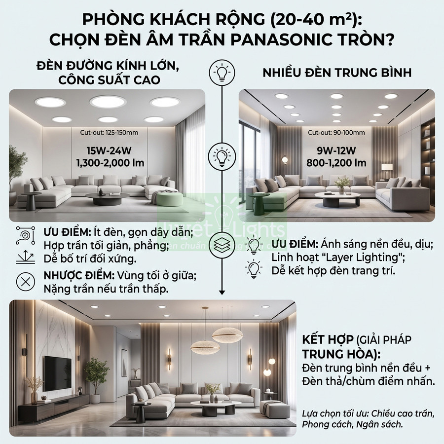So sánh cách bố trí đèn âm trần Panasonic tròn cho phòng khách rộng 20 đến 40 mét vuông