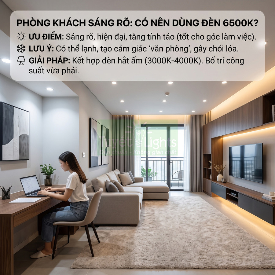 Phòng khách hiện đại dùng đèn LED 6500K kết hợp đèn hắt trần ánh sáng ấm cho khu vực làm việc và giải trí