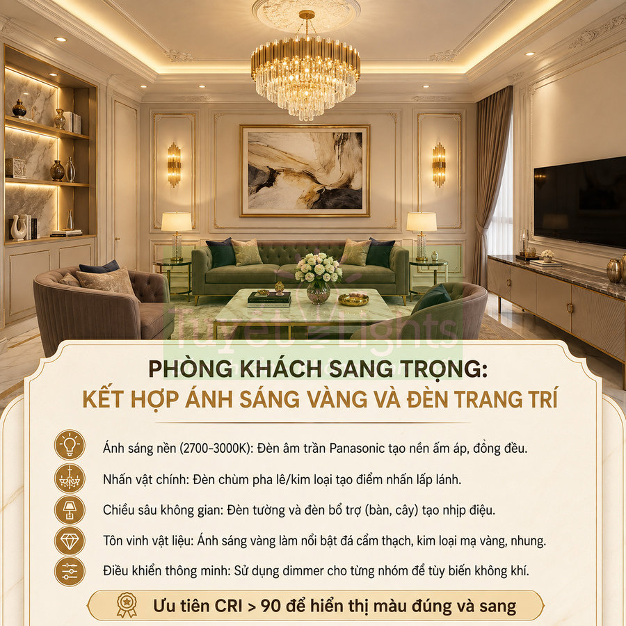 Phòng khách sang trọng với đèn chùm pha lê Panasonic ánh sáng vàng và bộ sofa xanh nổi bật