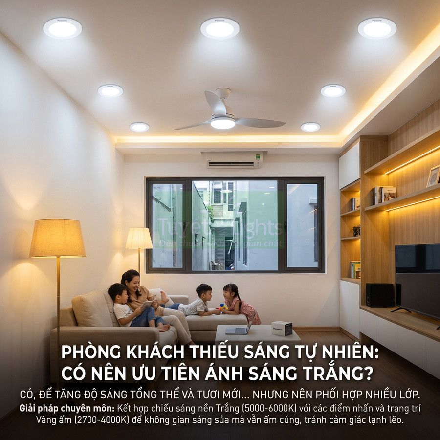 Đèn trần Panasonic chiếu sáng phòng khách hiện đại, gia đình ngồi trên sofa sinh hoạt dưới ánh sáng trắng ấm