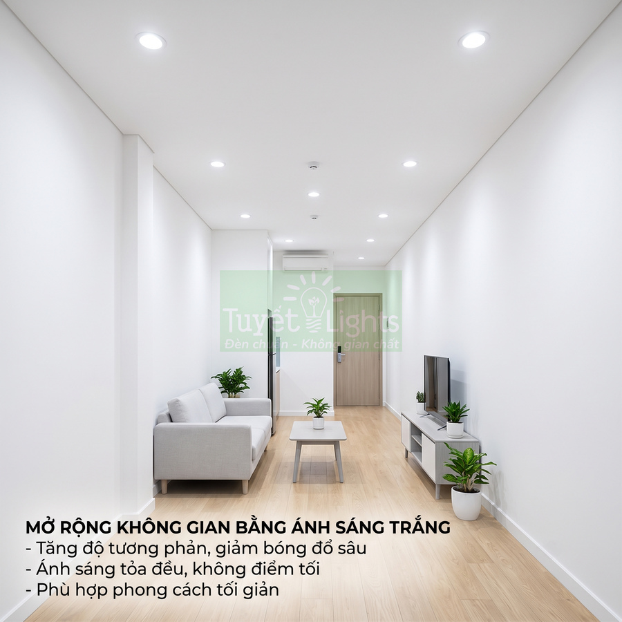 Phòng khách tối giản dùng đèn âm trần Tuyết Lights ánh sáng trắng giúp không gian rộng và sáng hơn