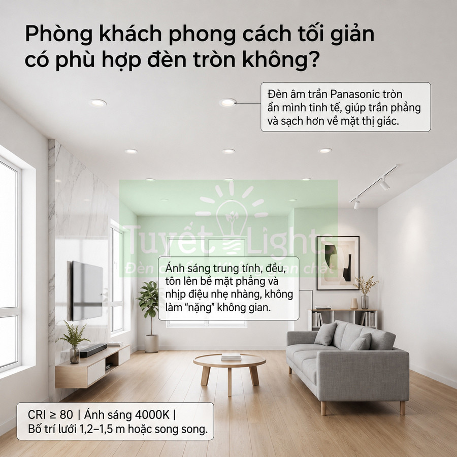 Phòng khách tối giản sử dụng đèn âm trần Panasonic tròn ánh sáng trung tính chiếu sáng đều trần nhà