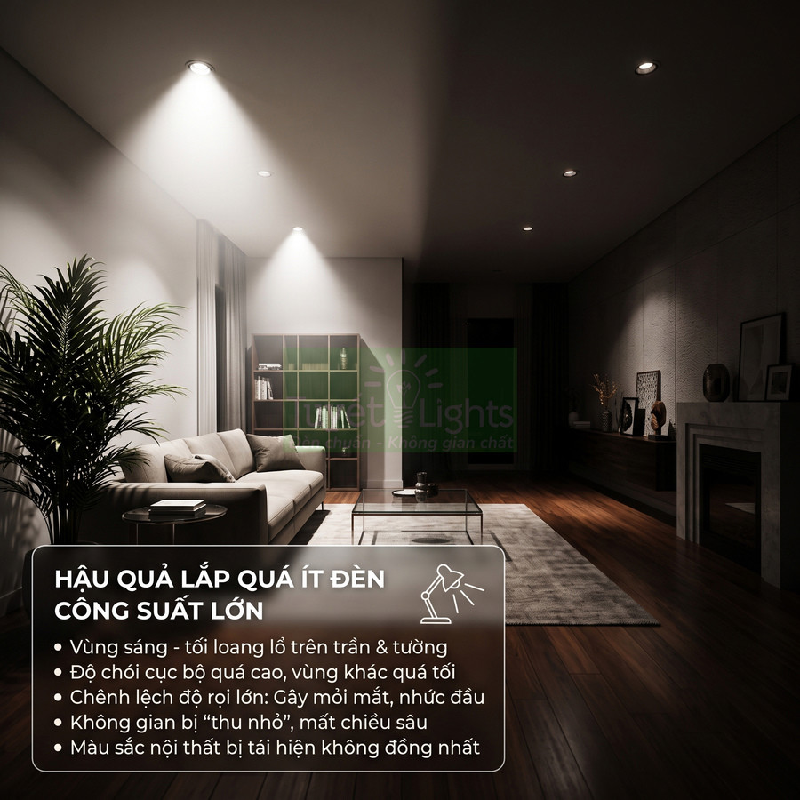 Phòng khách hiện đại dùng ít đèn âm trần công suất lớn khiến ánh sáng loang lổ và không gian tối