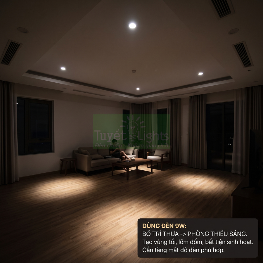 Phòng khách rộng dùng đèn LED âm trần 9W ánh sáng yếu tạo vùng tối, thiếu sáng cho sinh hoạt