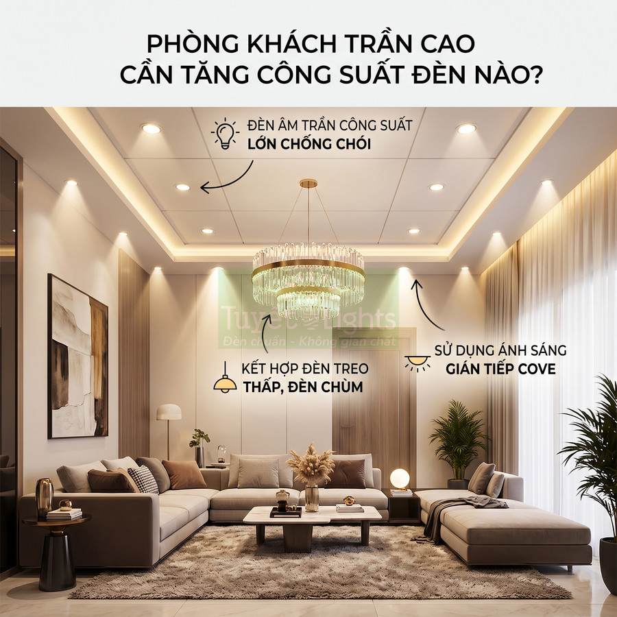 Phòng khách trần cao hiện đại với đèn âm trần công suất lớn, đèn chùm pha lê và ánh sáng gián tiếp cove
