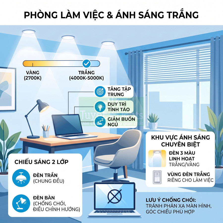 Bàn làm việc với laptop, đèn bàn chống chói và hệ thống đèn trần ánh sáng trắng cho phòng làm việc